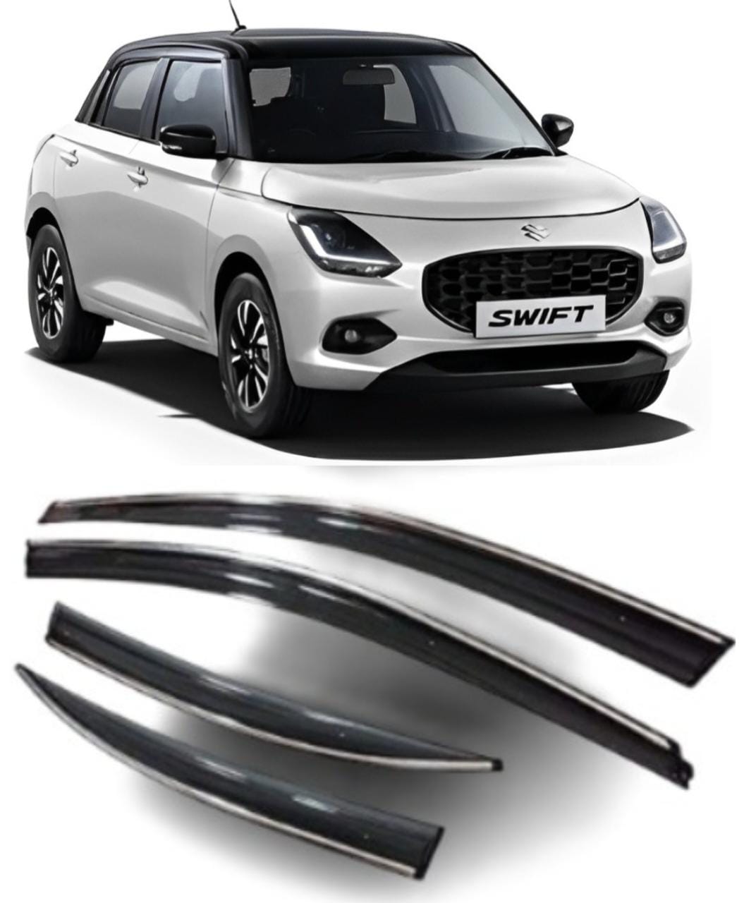 Car rain Window Door Visor Wind deflectors and sunshield Protectors with Chrome/Silver Linning Compatible for New Swift (2024 Onwards)