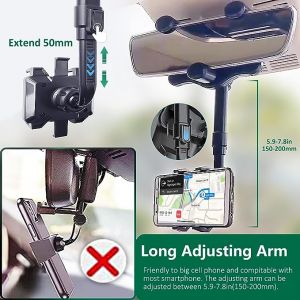 360 Degree Rotatable & Retractable Car Rearview Mirror Phone Holder - Black
